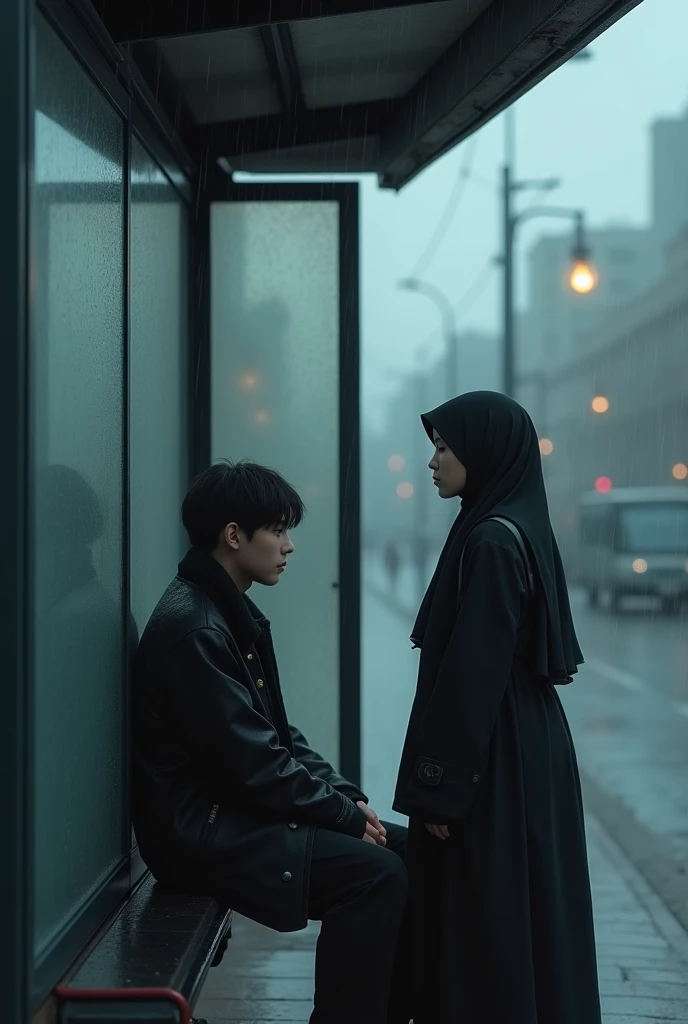 Taehyung BTS , sitting at the bus stop , with rainy atmosphere , and beside her there is a woman wearing a hijab