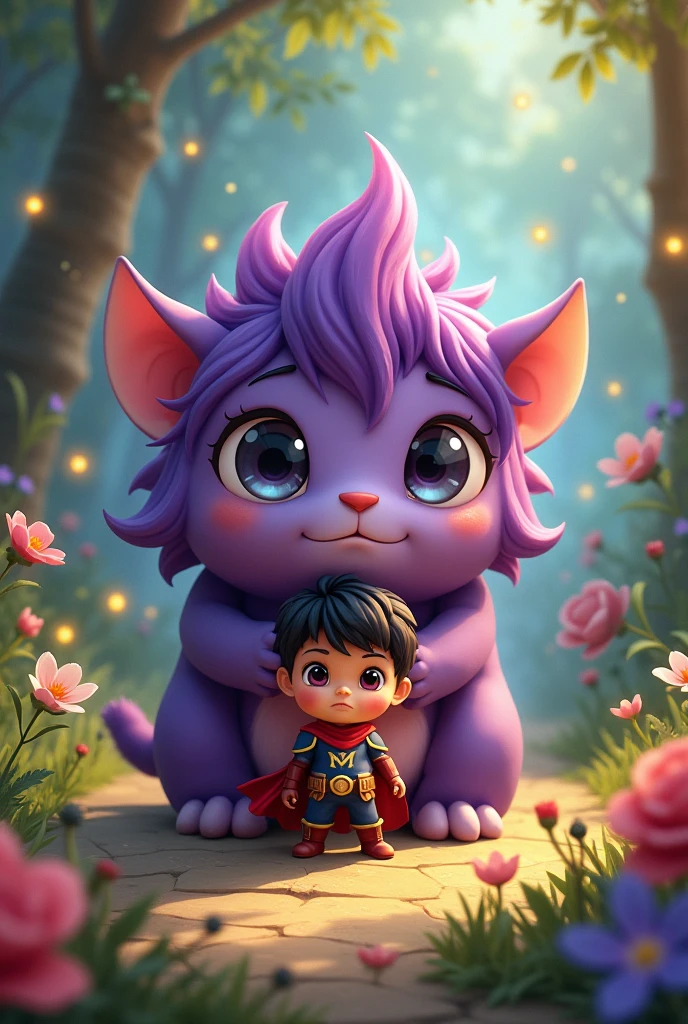 Cute little hero protects cute little purple haired monster