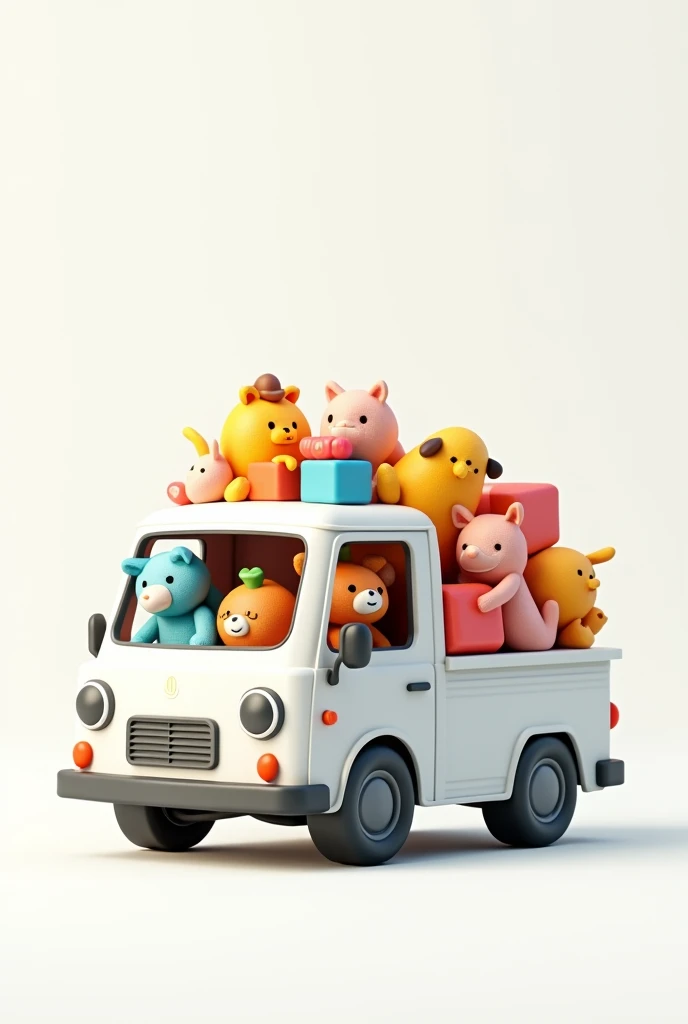 A small truck with children's toys behind and below the white background