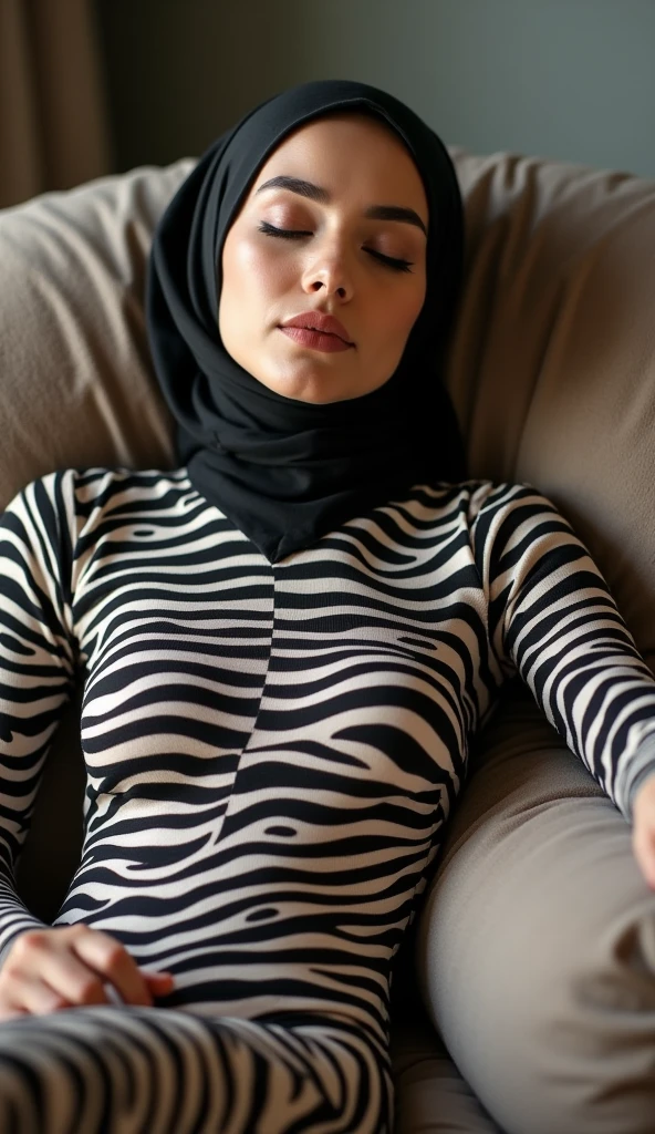 The beautiful,thin and clever asian muslimah adult girl with beautiful cheeks wears mountain zebra print lycra turtleneck unitard catsuit covered with stripes and mountain zebra print lycra elastane stretchy dancewear shawl hijab covered with stripes.She is sleeping on the sofa.She always put fake zebra print stripes that are made of animal makeup marker kit.