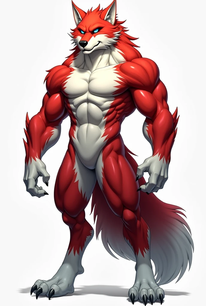 ((solo, full body perspective, side perspective)), male, anthro, ((wolf-face, digitigrade, four toes, muscled body, two-tone fur, red and white furred body, arms at side, white claws)), calm expression, blue eyes,