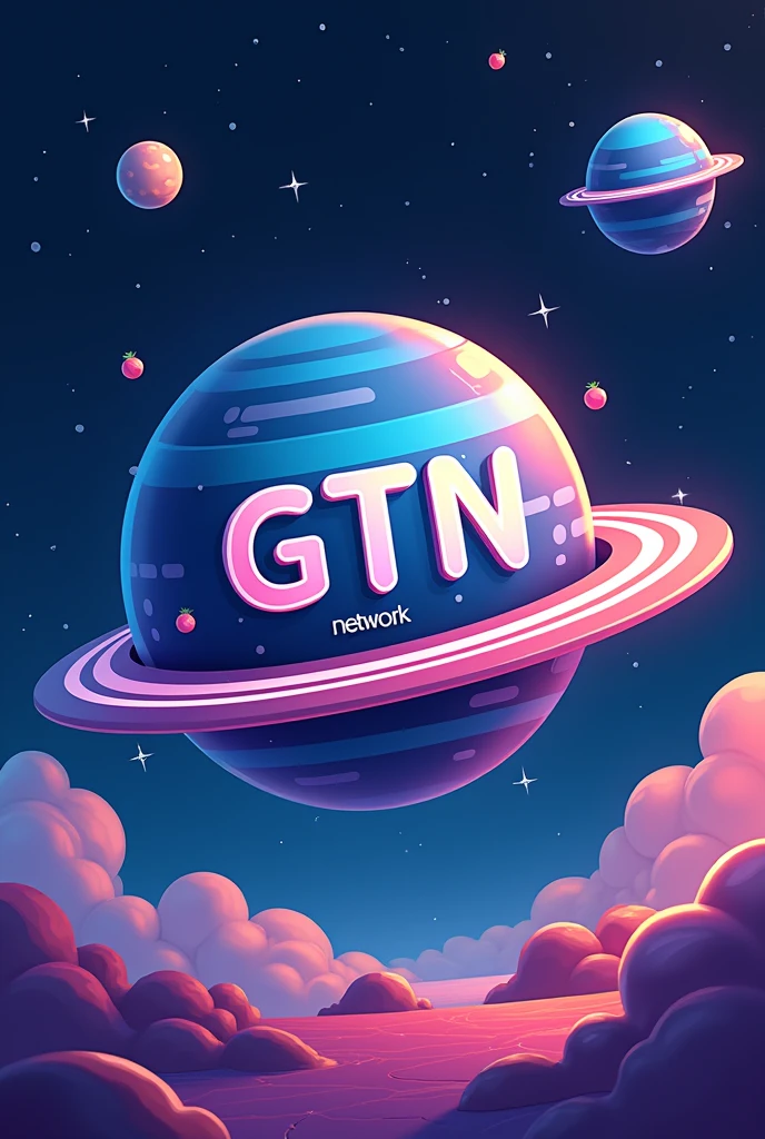 Create a design with futuristic GTN writing on the back in black, then there is a planet with rings and a logo like the internet logo, then under the GTN writing there is the word network underneath in small size. (make it like a cartoon and make the planet smaller and the name GTN is held in the middle of the planet)