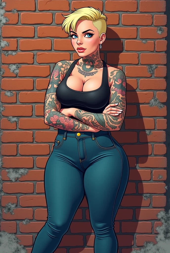 A curvy heterosexual blonde girl with very short pixie hair and big breasts and full body tattoos. very feminine, small waist, wide hips with her arms crossed standing, sports bra, blue jeans ankle boots,  cartoon style
brick Wall