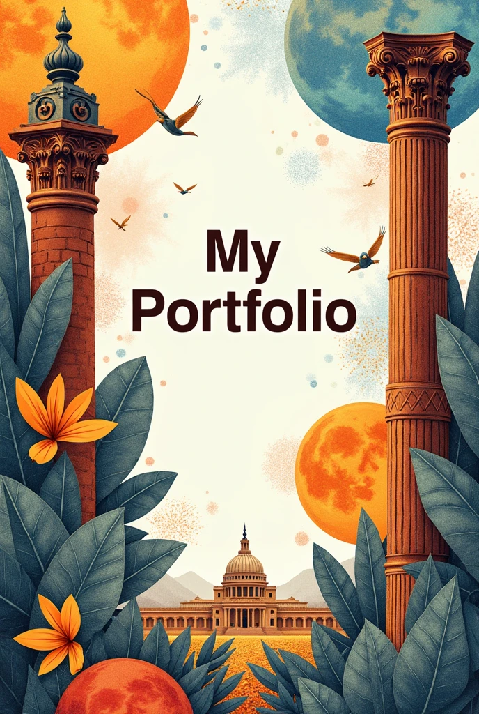 Make a a3 size good quality and with ealistic visuals cover page with title "My Portfolio" (write right spellings) with a collage of picture including a little zentangle art, Egyptian art, roman architecture, greek architecture and make it colorfull, show just cover not any background, Add title My Portfolio in middle of page and bold letters add some zentangle art in this pic in some areas of it