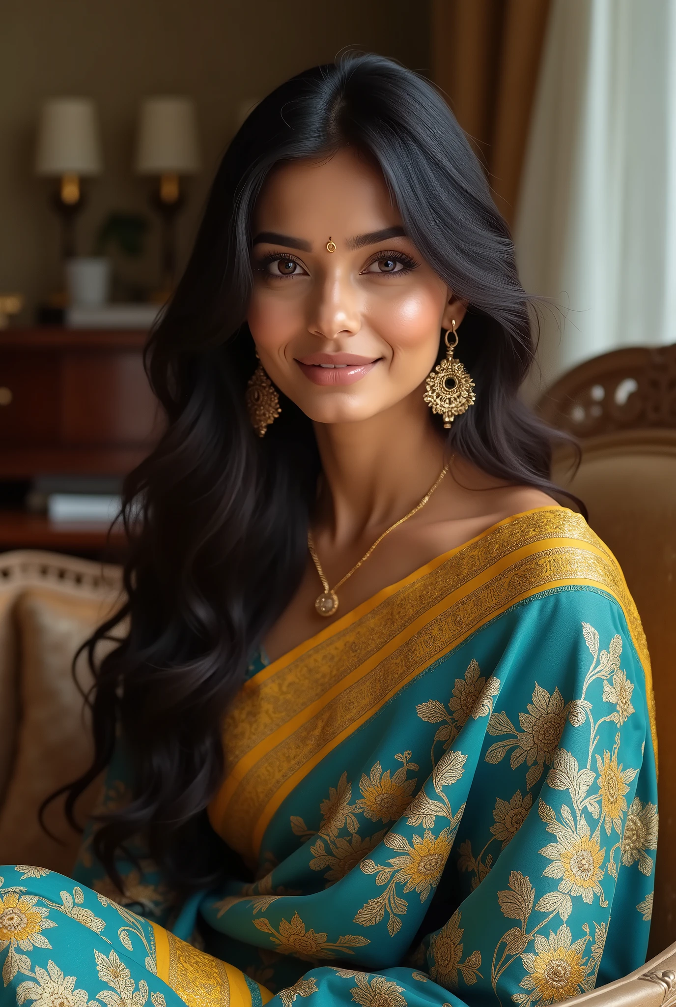 a super beautiful indian woman, skin color white, age 24 years, with a smiley face, golden face ratio, wears a blue and yellow indian cloths, sitting on a chair, luxury house, face expression is very attractive
