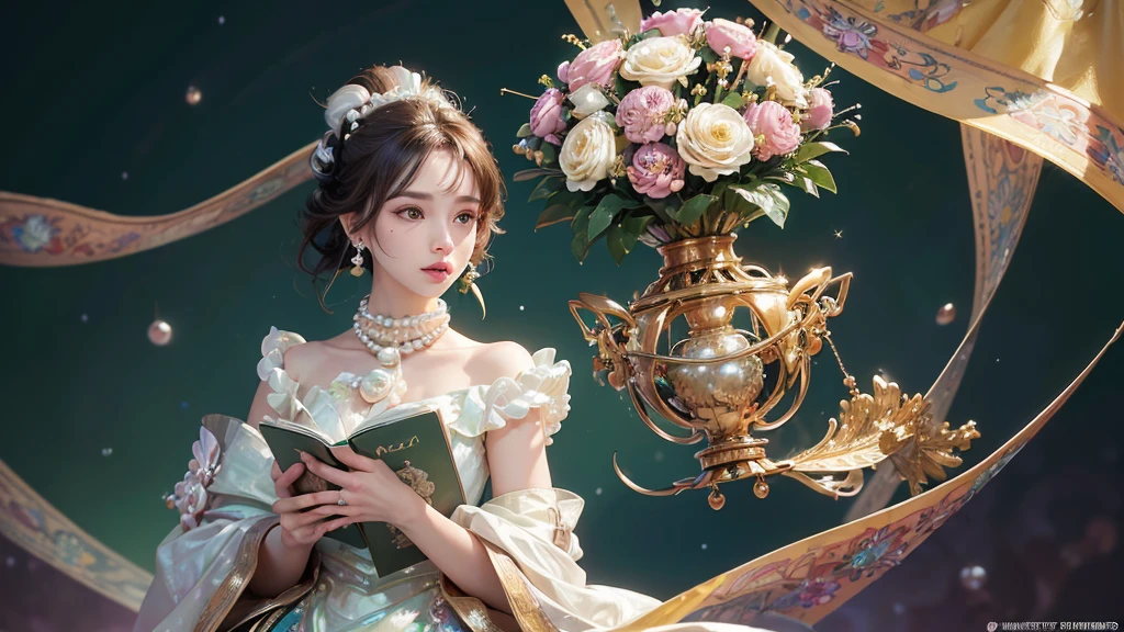 32K, 最高quality, 最高masterpiece, (ultra-Detailed Background, Detailed Background), High resolution, Super detailed, Very detailedな, 1 personの, (bouquet:1.3), (Tangled:1.2), (Geometric:1.2),(colorful),(masterpiece, quality, best quality, Official Art, Beautiful and beautiful:1.2), (1 person:1.3), Very detailed,(colorful:1.1)(Flowers:1.3),Most detailed,(Tangled:1.2), whole body, (Abstract background:1.3), (Skin glows), (Many colors:1.4), ,(Earrings Pearl:1.5), Light green background, It's imaginative., Brunette Hair, Updo, Holding a book, Holding a pen, Satin shirt,