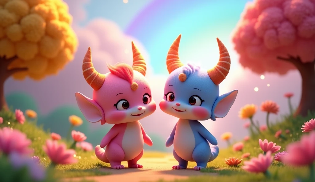 Create in 3d animation style for the kids of age group of 1-5 years."Luna and Aria standing together, with their horns shining bright.
- Colorful flowers and trees should be blooming around them, and a rainbow-colored sky should be visible in the background.
- Luna and Aria should be looking happy and triumphant