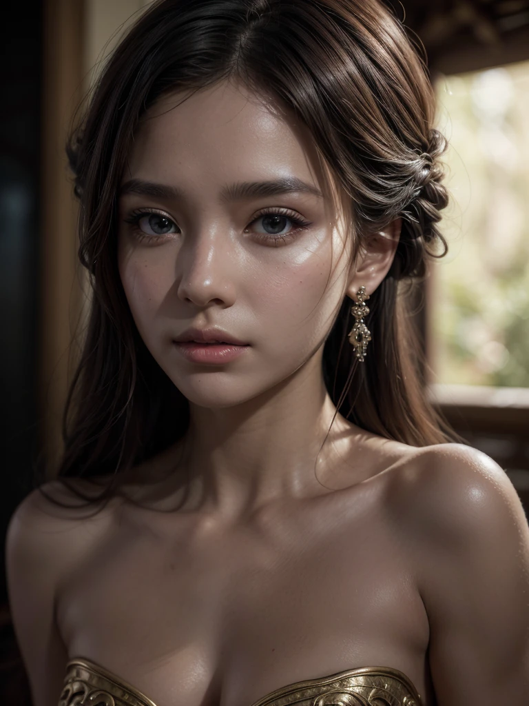 A woman, Mayan cultural features with an impressive sculptural body, A true work of art, extremely detailed face, cinematic lighting, ethereal, elegant, sheer dress , serene expression, dramatic pose, photorealistic, 8k, High resolution, hyper detailed, masterpiece, Digital art