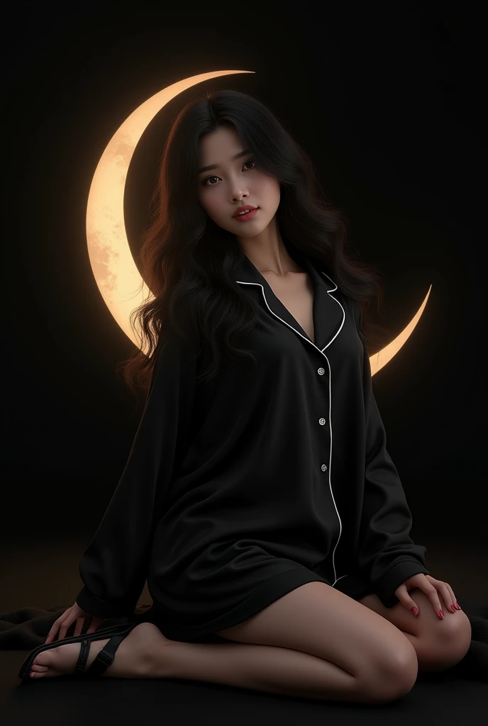 (photorealism:1.2), Asian woman with black wavy hair, wearing black pajamas, black sandals, sitting leaning on the shining crescent moon, plain black background