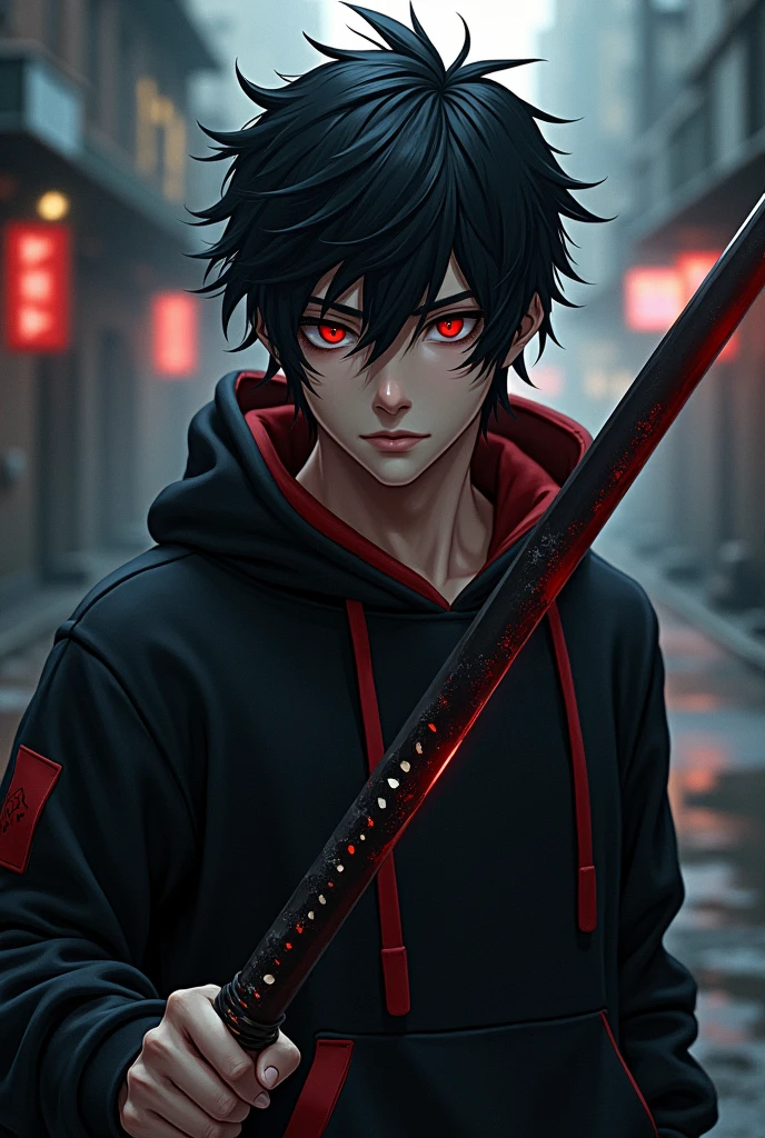 A male character with red eyes, black hair tossed to one side, black sweatshirt with red details and a katana