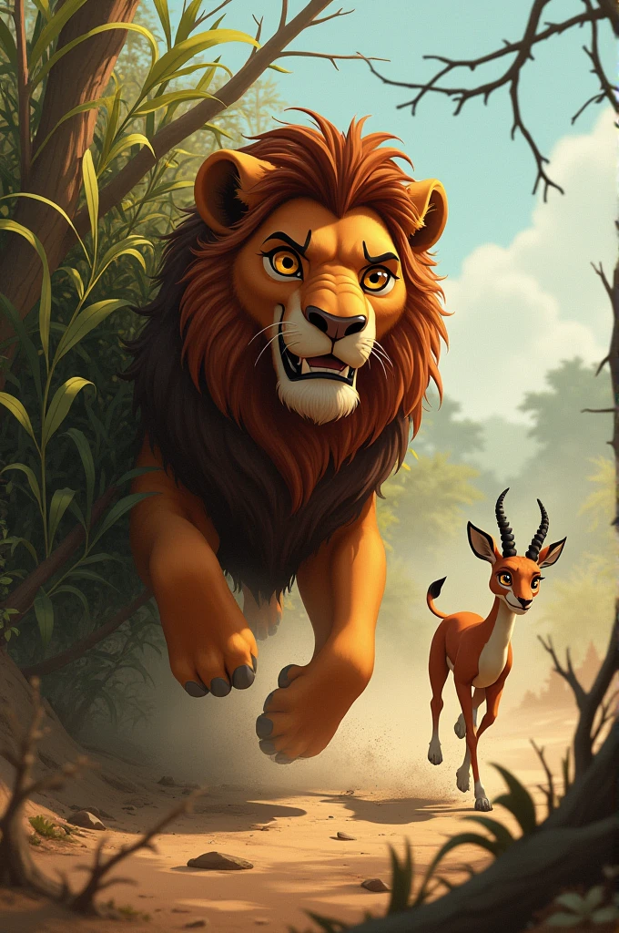The next day, as Leo was playing with Tilly, they heard a cry for help. It was a small antelope stuck in a thorn bush! The poor antelope was too frightened to move, and no other animals were nearby.Without thinking, Leo rushed to help. But when he got close, he realized the only way to scare the thorns away was to roar. Leo took a deep breath and… “ROAR!”