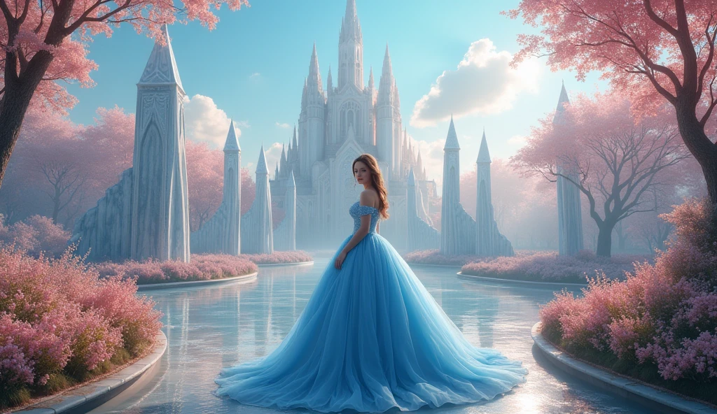 1 girl, Blue Wedding Dress, Looking at the audience,The Blue Crystal Palace is surrounded by flowers and trees.,Blue sky and clouds,against a pink Dreamy background,Take the whole body,In the form of fantasy, high definition,photography,Dreamy background,photographyแสง,soft light , Superb details,Surrealism,Panorama style,princess dress,