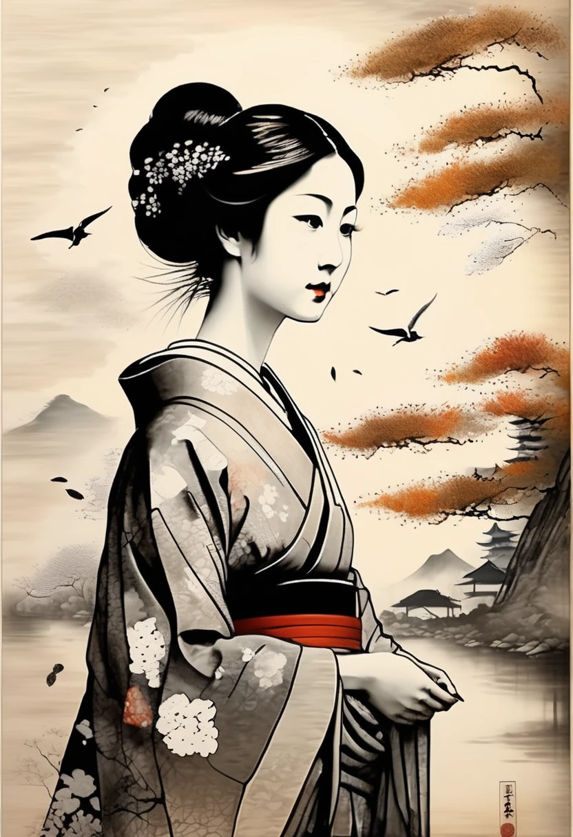 Painting of autumn sky and woman with beautiful face、(Ink drawing on old Japanese paper:1.4), ( Pale painting that bleeds easily)、Washi Canvas、(Ink painting) 、( In black and white:1.4)、Masterpiece、Highest quality、