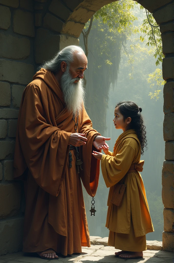 A monk, a student in front of monk with a key in hands