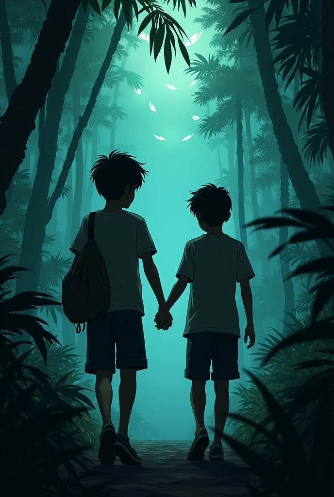 The two boys ten years old hold hands tightly as they walk through the dark jungle, surrounded by eerie sounds and glowing eyes in the shadows. Their determination and bond are evident despite the fear around them.