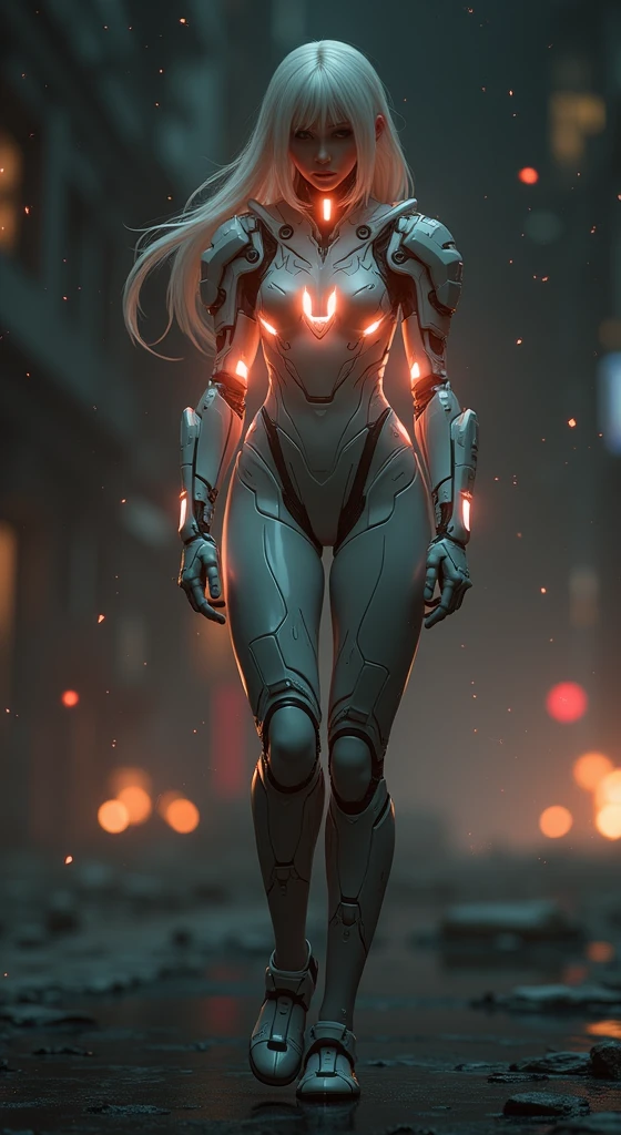 a woman in a futuristic suit with a glowing head and chest, cyberpunk art inspired by Marek Okon, cgsociety contest winner, digital art, gynoid cyborg body, girl in mecha cyber armor, cyber suit, cybersuit, in white futuristic armor, cybersuits, diverse cybersuits, gynoid body, echo from overwatch, perfect anime cyborg woman