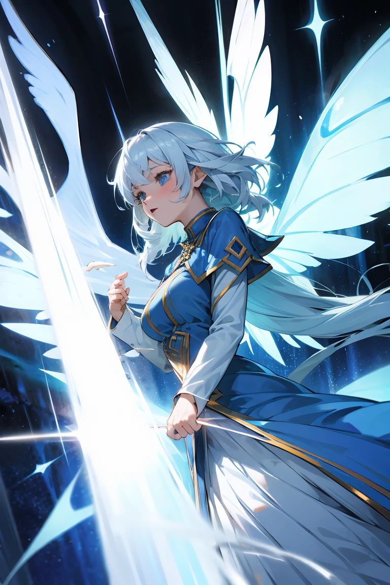 dnd woman, white hair, blue clothes, fairy, big shining wings, big b..bs, fairy atmosfer, magic, fary of air