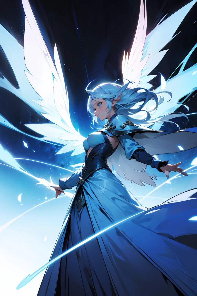 dnd woman, white hair, blue clothes, fairy, big shining wings, big b..bs, fairy atmosfer, magic, fary of air