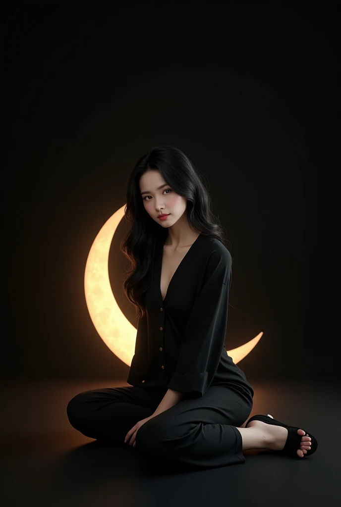 (photorealism:1.2), Asian woman with black wavy hair, wearing black pajamas, black sandals, sitting leaning on the shining crescent moon, plain black background