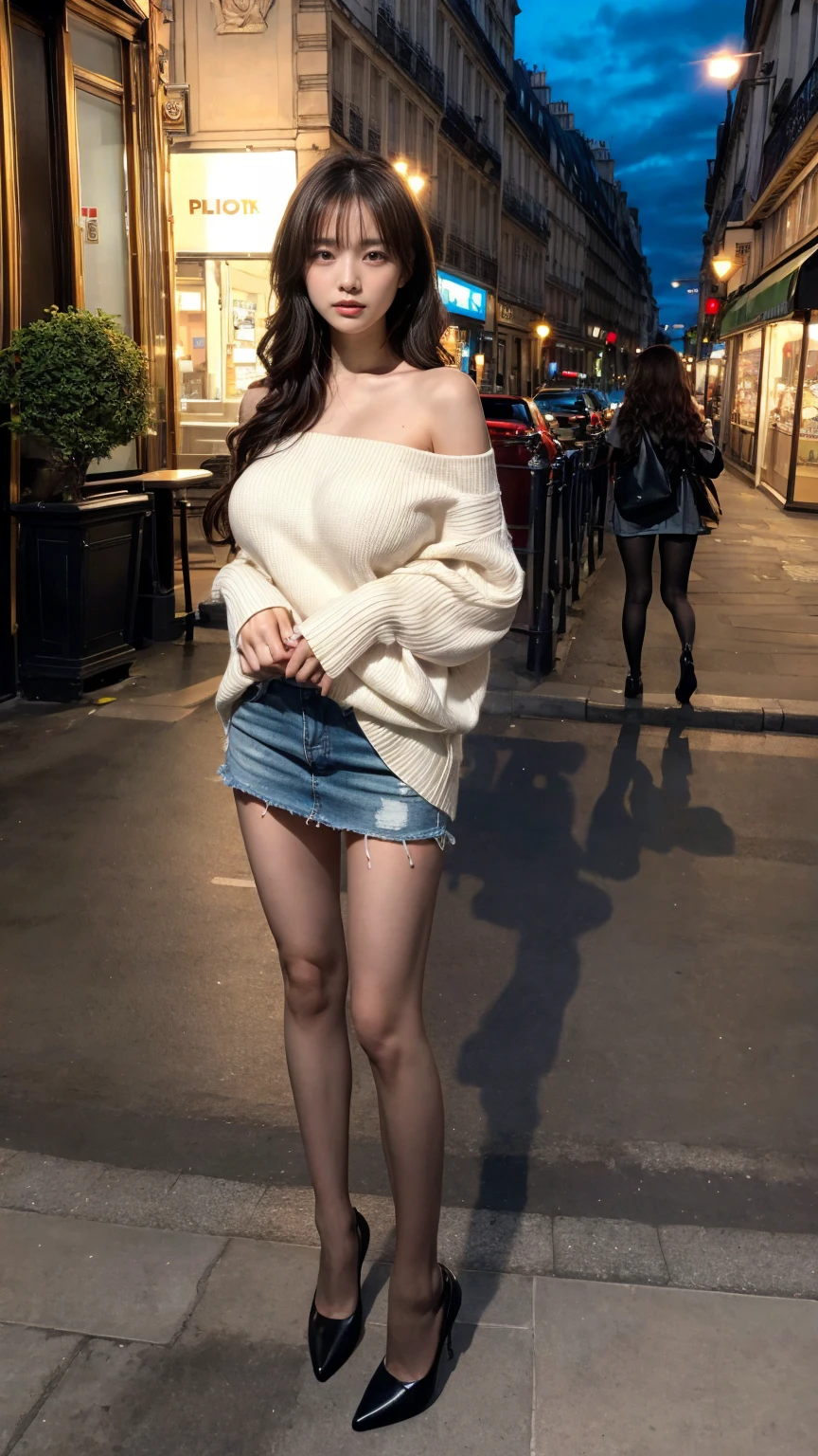 (masterpiece), (best quality, highres, highly-detailed, illustration), 1girl, solo, city, contemporary, black wavy long hair, green eyes, beautiful detailed eyes, proportional face, big breast, huge breast, gigantic breast, she only wear a white off-the-shoulder sweater, high heel, 8k, trending on ArtStation, featured on Pixiv, paris, eifel tower, night, full body, perfect hands, perfect legs.