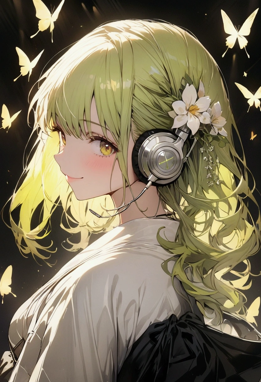 Yellow-green hair color,woman,Flower,butterfly, Cinema Lighting, (masterpiece:1.2), 最high quality, high quality, High resolution, (Super detailed), Detailed Background, One person,headphone,smile,