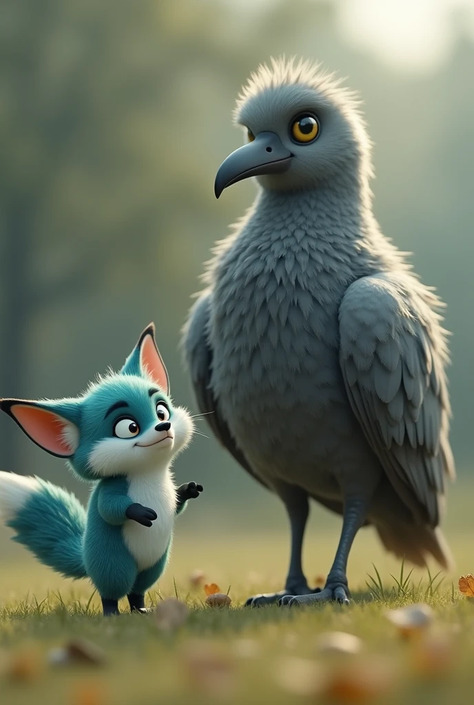 Plush feeling,A little Tiffany green fox,About to hunt a giant gray bird,giant bird walking on the ground,In front of the fox,The fox is in a state of overestimating his own abilities,Cute realistic style