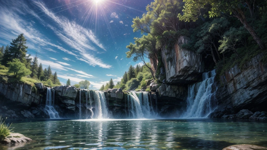 (logo、amazing、8K、table top、Raw photo、amazing、最high quality、フォトリアリスティックかつvery detailed、CG、high quality、very detailed、story poem、Particle Effects、Dynamic Effects、Text Boundary Depth、Cinematic Light、Lens flare、ray tracing、tabletop、real、ultra hd、fantasy)、beautiful water、splash of water、flow of water、Water swell、fantastic beauty、透き通ったgreenい水の美しさと輝き、The tranquility and beauty of water、wonderfulWind景、Beautiful natural water、green、Wind、wonder、wonderful