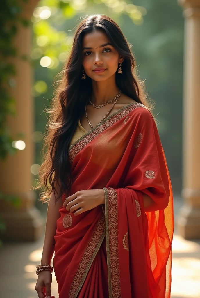 A girl with longhair age 16 clothing saree
