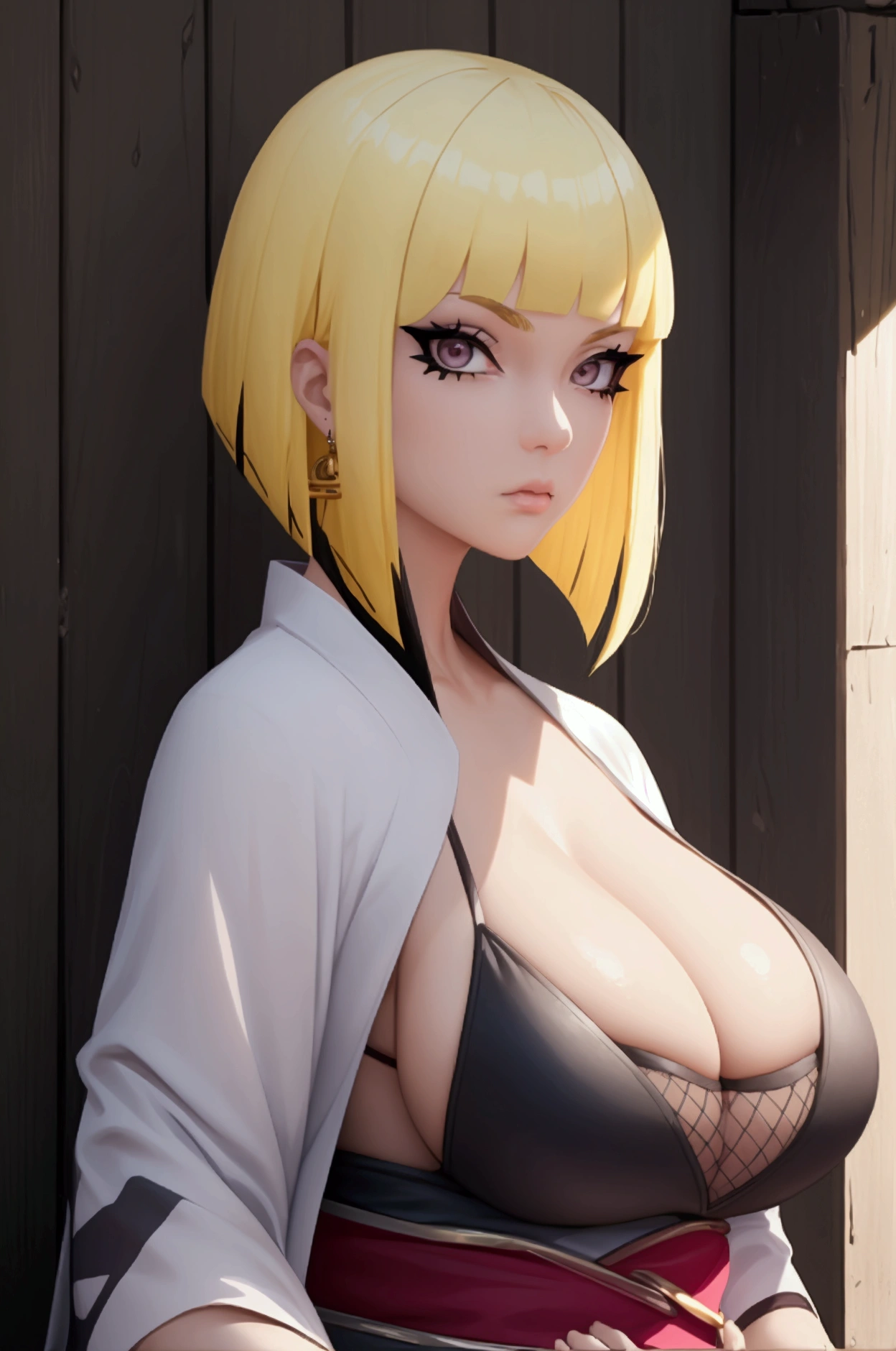 score_9, score_8_up, score_7_up, score_6_up, score_5_up, score_4_up, BREAK 1girl, ((muscular body:1)), intricate, kimono, (eyeliner:1.2), looking at viewer, bob hairstyle, blonde, jewelry, detailed background,huge breasts (masterpiece, high quality:1),