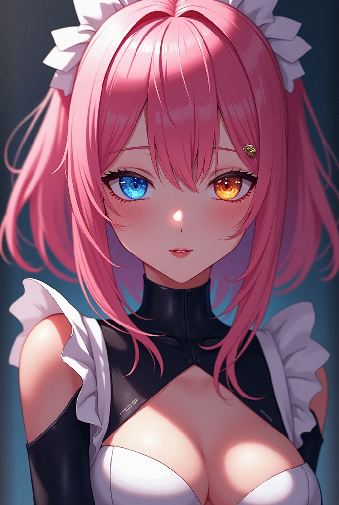 ((Best Quality)), ((masterpiece)), ((detailed)), ((High Definition)). A robot woman in anime style, with pink hair and heterochromatic eyes, One of his eyes being honey-colored. She is pretty, attractive and sexy. Dressed as a revealing maid. Pose as a maid. Yandere.
