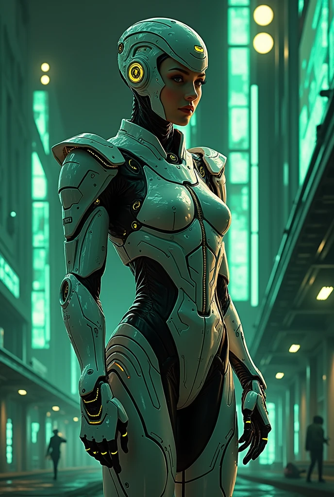 a woman in a futuristic suit with a glowing head and chest, cyberpunk art inspired by Marek Okon, cgsociety contest winner, digital art, gynoid cyborg body, girl in mecha cyber armor, cyber suit, cybersuit, in white futuristic armor, cybersuits, diverse cybersuits, gynoid body, echo from overwatch, perfect anime cyborg woman