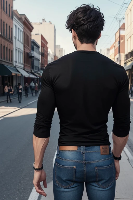 Draw a male character wearing jeans and a black shirt with 3 sleeves/4. Seen from behind as it would appear on a busy city street.