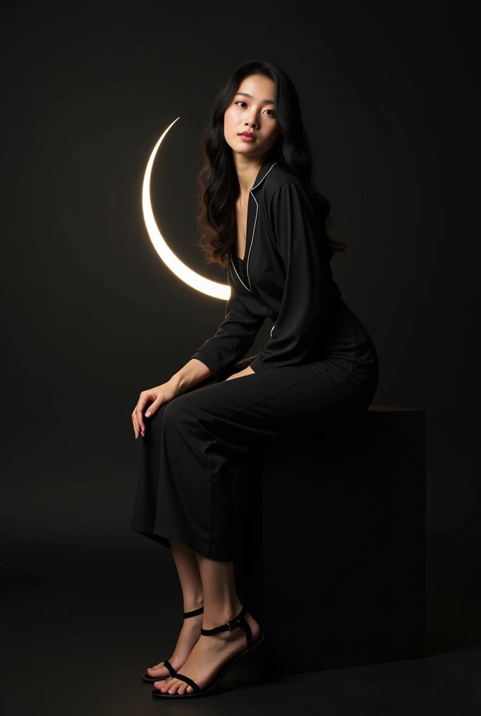 (photorealism:1.2), Asian woman with black wavy hair, wearing black pajamas, black sandals, sitting leaning on the shining crescent moon, plain black background