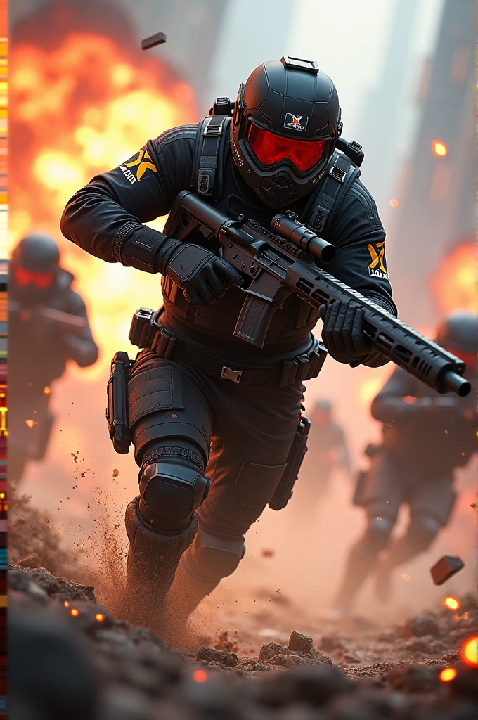 Create an image of AapelapatoX as a Rusher Entry Fragger for Xypher Esports. AapelapatoX should be shown charging into action with an aggressive stance, wearing a high-tech esports uniform with Xypher Esports branding. He should be equipped with a powerful weapon, like an assault rifle or shotgun, and have an intense, focused expression. The background can depict a chaotic battlefield or breach scene, with explosions and debris, emphasizing his role as a front-line attacker. Include elements like tactical gear and bright, dynamic lighting to highlight his role in spearheading aggressive plays and leading the charge."