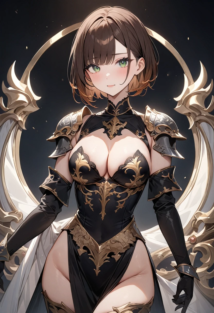 (masterpiece, top quality, very aesthetic, 4k、illustration), ()、intricate detail, 1woman,solo,contrapposto 、(gradient eyes、tareme)、very short hair、asymmetrical bangs,Fair skin,(cowboy shot)、beautiful women、Cleavage、clear face、(),beautiful face、(gradient hair)、(brown hair)、sidelock ,,green eyes、Knight、platearmor、medium breasts、slender 、
