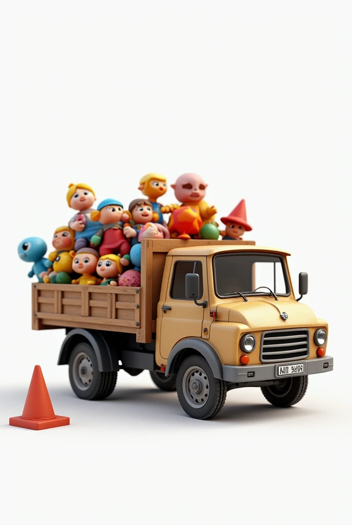 A small truck with children's toys behind and below the white background There will be only Tirak, there will not be any character inside it, the mother of Iraq will be 3D real truck