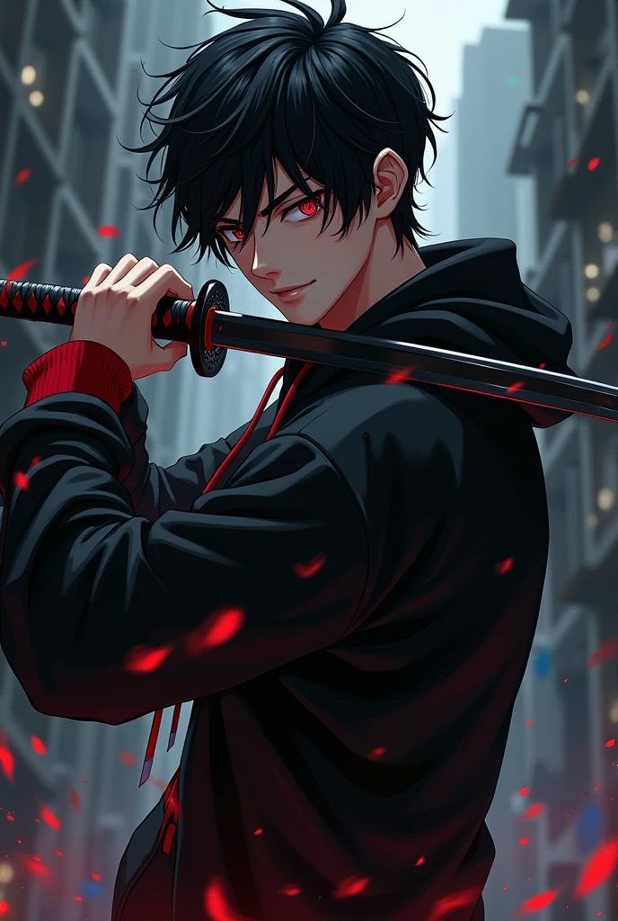 A male character with red eyes, black hair tossed to one side, black sweatshirt with red details and a katana