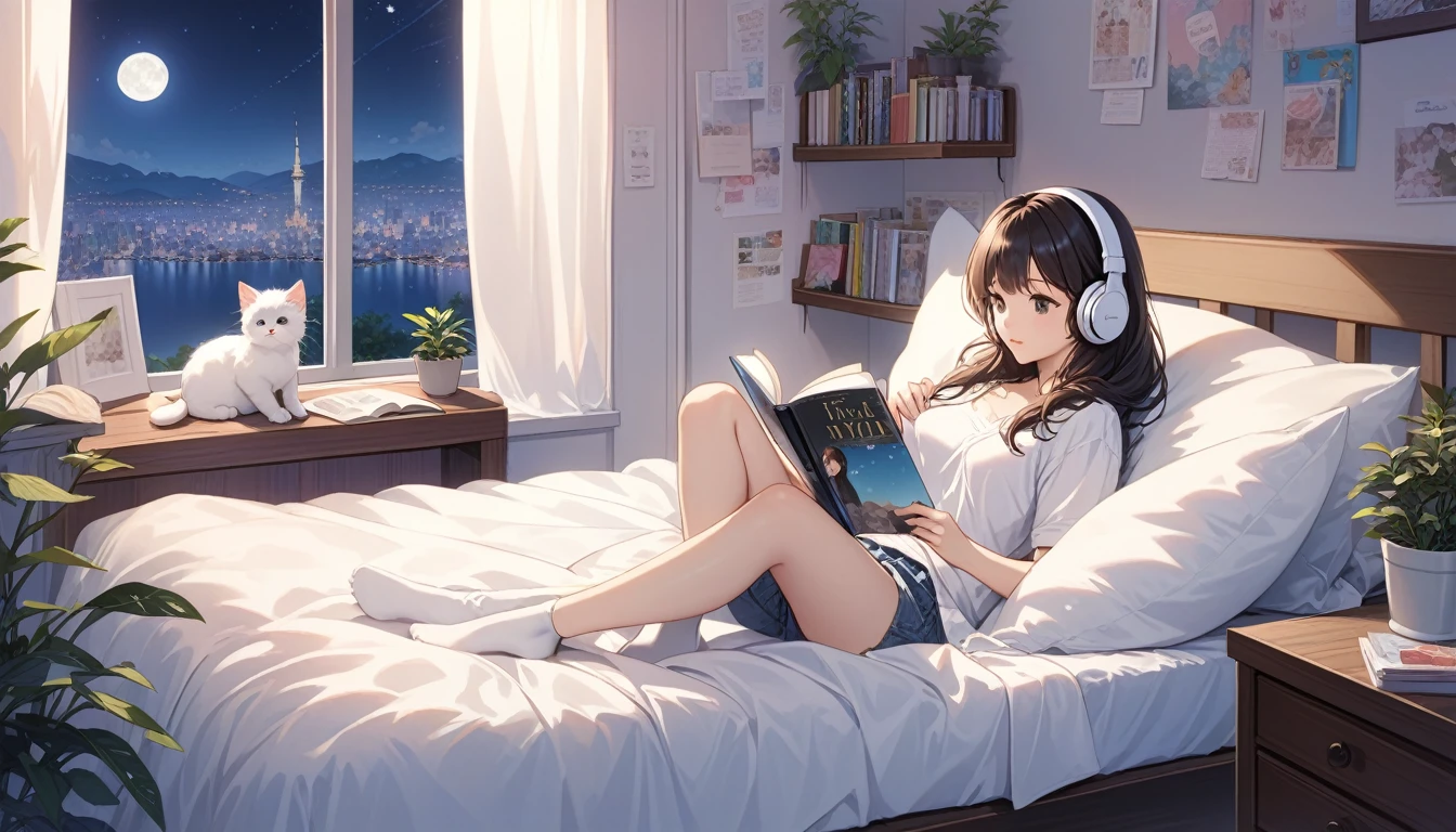 (super masterpiece　Highest quality　High resolution　High resolution) Lo-Fi Style、anime、A woman wearing headphones is lying on her bed and reading a book。、２０Year、美しいeye(eye) Hair is about waist length　Her hair is light pink、（Gloss）Casual clothing、(Anatomically correct)　Room with a night view、I have a fluffy white kitten.、coffee、magazine、There are a few small potted plants.、computer、that&#39;It&#39;s raining outside、Water droplets on the window、stylish、Close-up imYears、