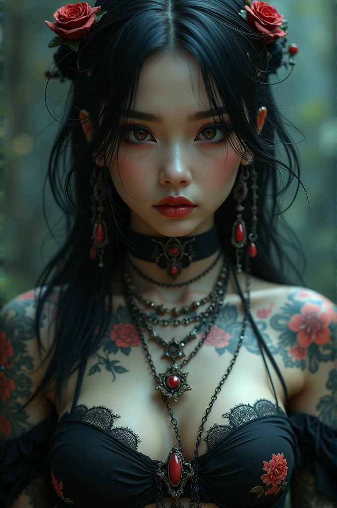 Asian Gothic Girl with many tattoos jewelry and piercings