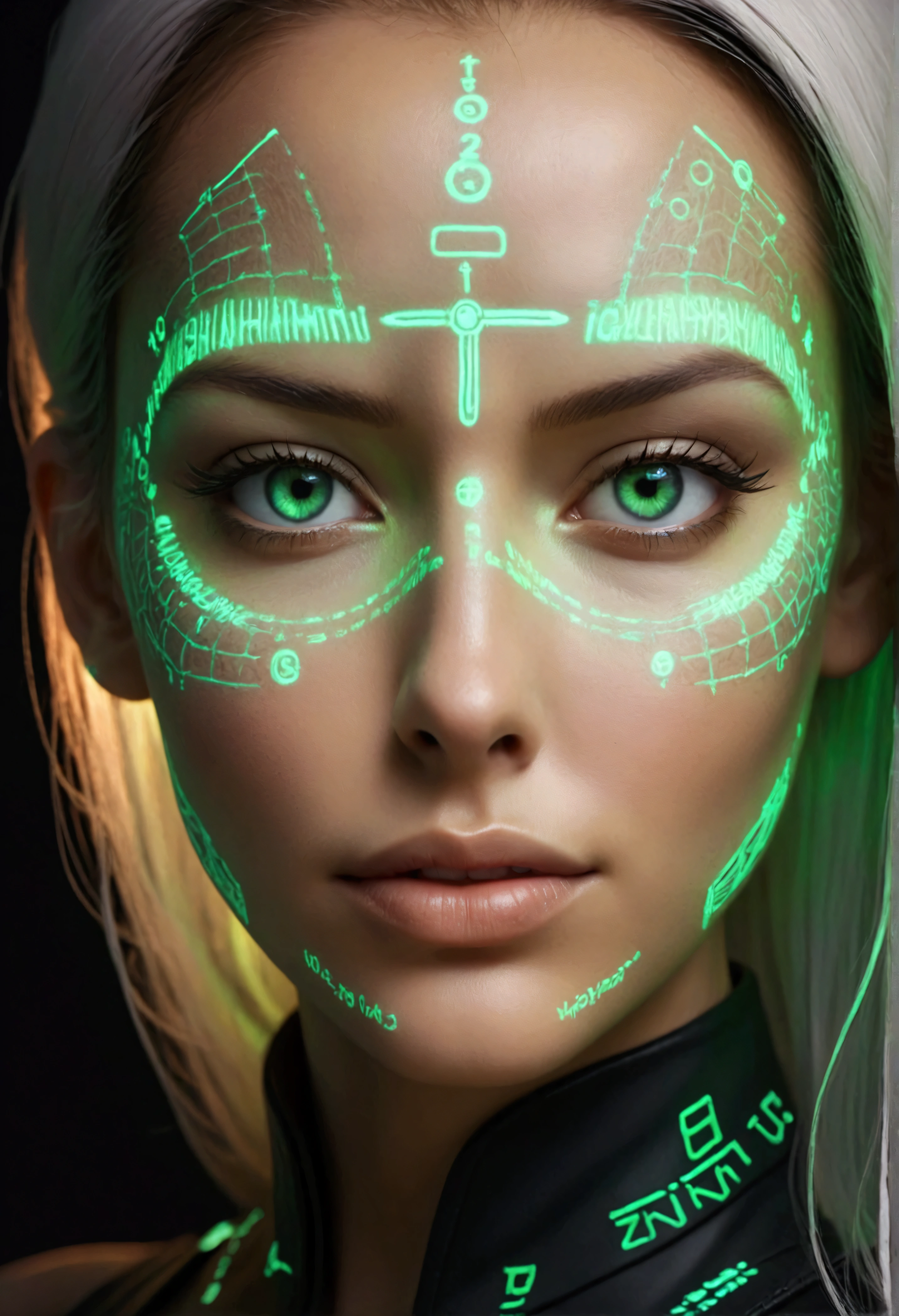 Close-up of woman's face, glowing green holographic equations projected onto skin. Intense gaze, realistic features. Dark background, cyberpunk aesthetic. Luminous mathematical formulas, handwritten style. Futuristic, high-tech atmosphere. Photorealistic rendering, dramatic lighting, sharp contrast