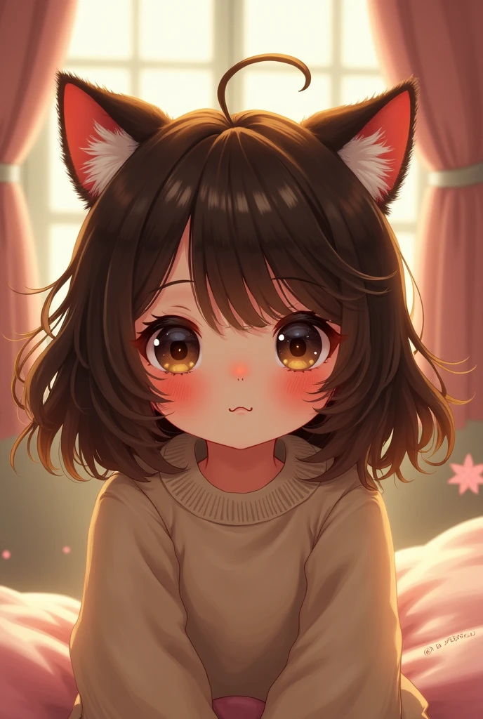 chubby brunette girl with cat ears