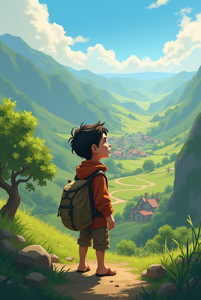 Adventure Boy seeing behind his village