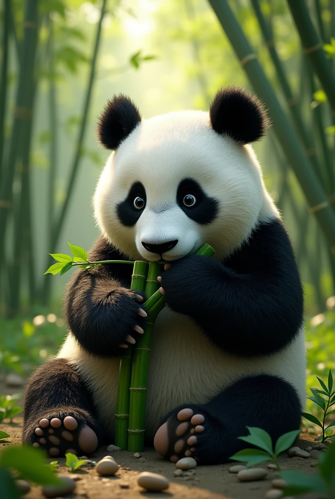 a beautiful panda bear eating bamboo in a bamboo forest, detailed panda face, detailed fur texture, photorealistic, (best quality,4k,8k,highres,masterpiece:1.2),ultra-detailed,(realistic,photorealistic,photo-realistic:1.37),HDR,UHD,studio lighting,extreme detail description,professional,vivid colors,landscape,green,natural lighting