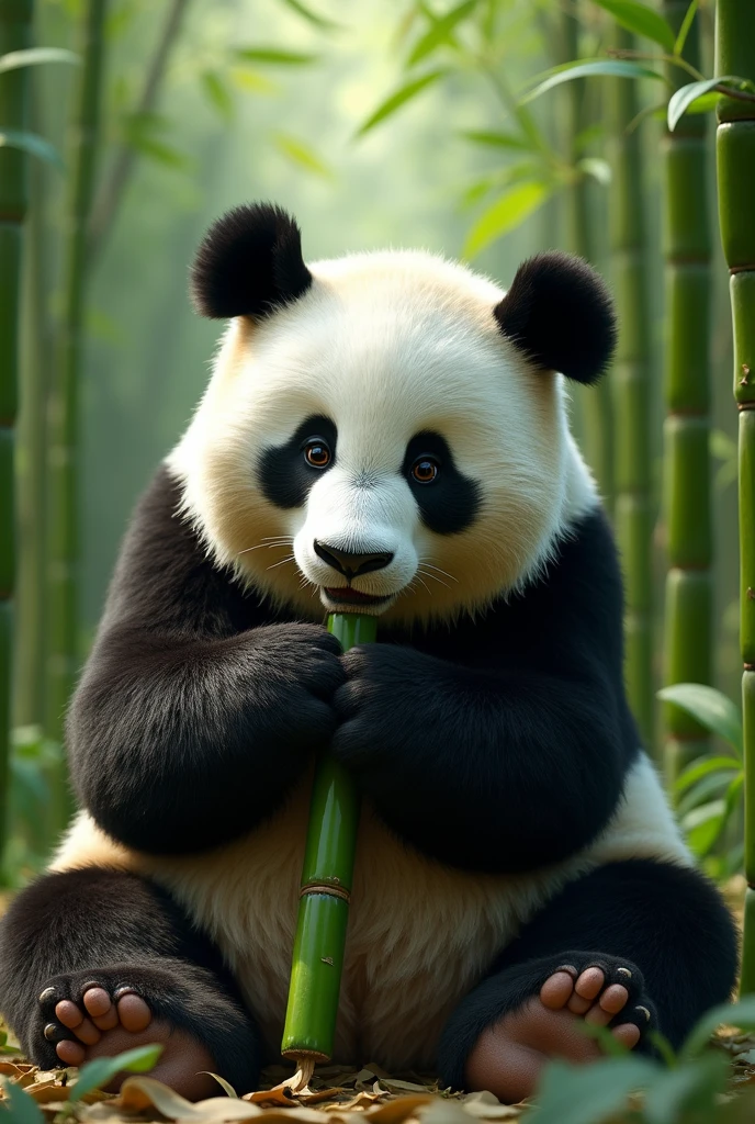 a beautiful panda bear eating bamboo in a bamboo forest, detailed panda face, detailed fur texture, photorealistic, (best quality,4k,8k,highres,masterpiece:1.2),ultra-detailed,(realistic,photorealistic,photo-realistic:1.37),HDR,UHD,studio lighting,extreme detail description,professional,vivid colors,landscape,green,natural lighting