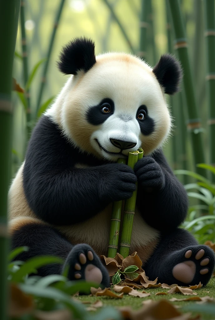 a beautiful panda bear eating bamboo in a bamboo forest, detailed panda face, detailed fur texture, photorealistic, (best quality,4k,8k,highres,masterpiece:1.2),ultra-detailed,(realistic,photorealistic,photo-realistic:1.37),HDR,UHD,studio lighting,extreme detail description,professional,vivid colors,landscape,green,natural lighting