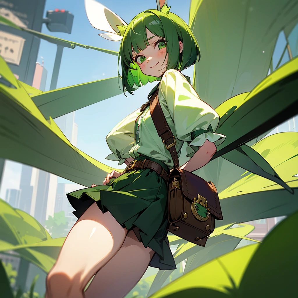 Green rabbit ears, green animal ears, a girl, bob cut, green hair, green eyes, look young, alone, short, tiny,ta, childhood,smile, overall, belt, waist bag, waist pouch, kawaii, cute,face, 1900 age, City, jumping