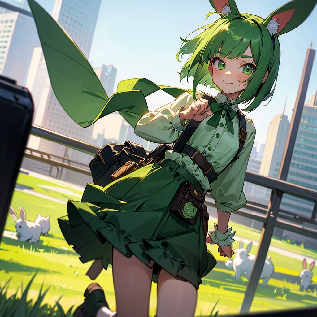 Green rabbit ears, green animal ears, a girl, bob cut, green hair, green eyes, look young, alone, short, tiny,ta, childhood,smile, overall, belt, waist bag, waist pouch, kawaii, cute,face, 1900 age, City, jumping