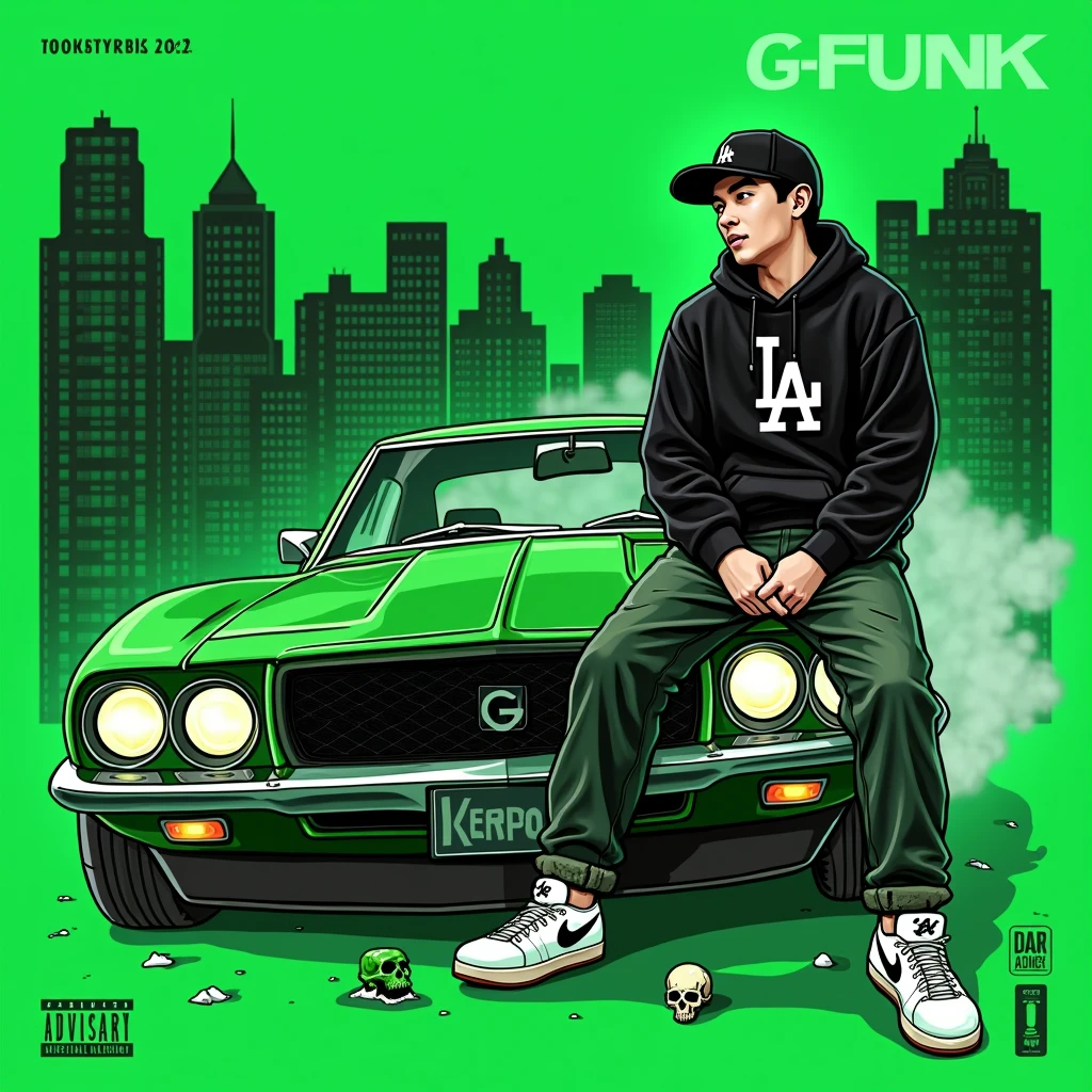 Image of a man sitting on the bonnet of a car, Yoshihiko Wada's album cover, winner of the behance contest, Doodle, official artwork, rap album cover, hip - hop album art cover, colored album art, hip hop music album cover, rap album cover art, official fanart, GTA Cover, hip hop album cover, album art cover, Cartoon character, oriental boy, Running car, Green background, green tea, Deep pressed black LA ball cap, white nike shoes, Black LA Hoodie, Baggy jeans worn down, black neighborhood, Skull, drug, The city seen from behind, G-FUNK letters, korean, white smoke, Headlight light, Troublemakers, Bad boy, A car with its front wheels raised