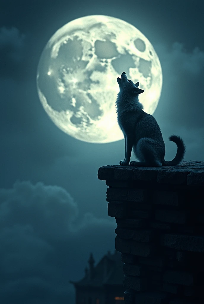 there is a cat sitting on a ledge looking at the moon, a matte painting by Muggur, tumblr, romanticism, the wolf howls at the moon, wolf howling at full moon, howling at the moon, sitting on a moon, looking at the full moon, fullmoon, cinematic widescreen shot, warrior cats, looking at the moon