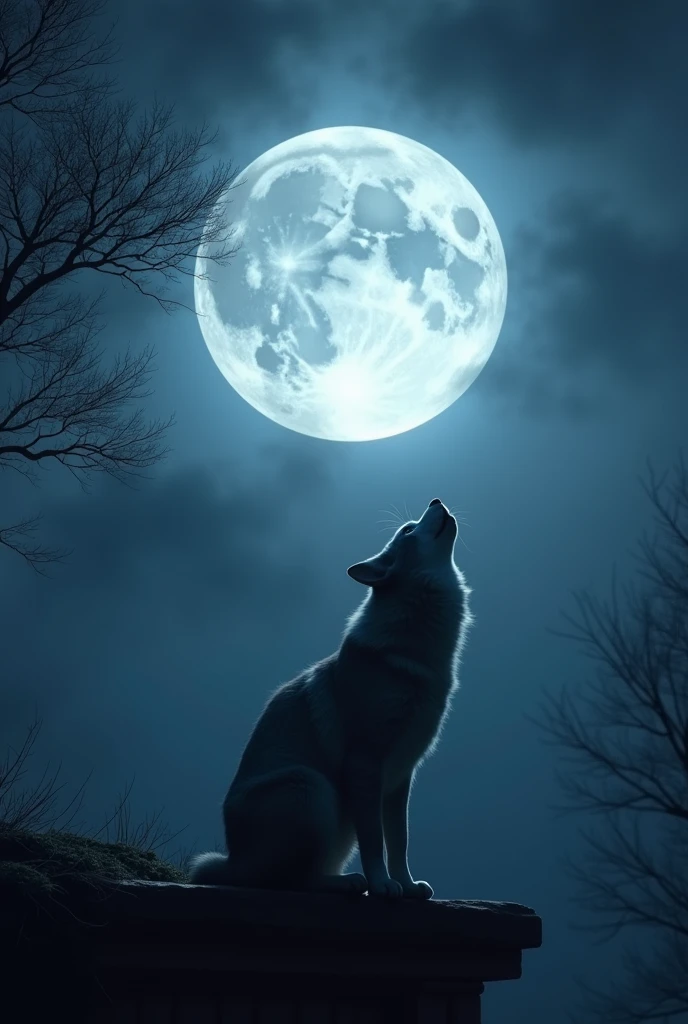 there is a cat sitting on a ledge looking at the moon, a matte painting by Muggur, tumblr, romanticism, the wolf howls at the moon, wolf howling at full moon, howling at the moon, sitting on a moon, looking at the full moon, fullmoon, cinematic widescreen shot, warrior cats, looking at the moon